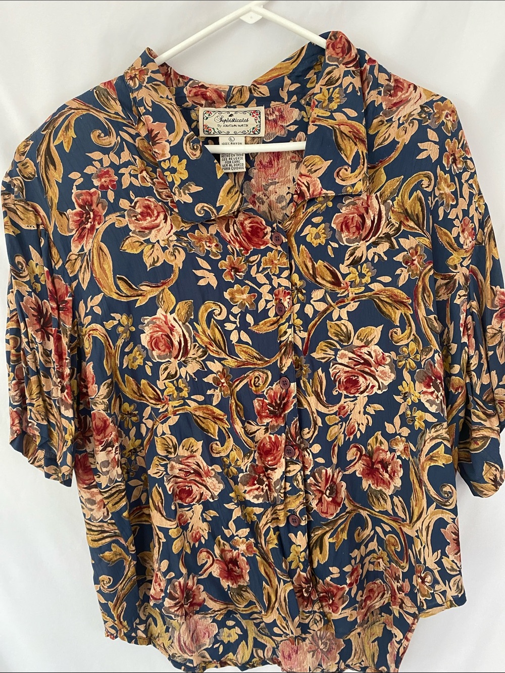 jonathan martin Sophisticates Navy Floral Button-Down Short Sleeve Blouse Vtg
